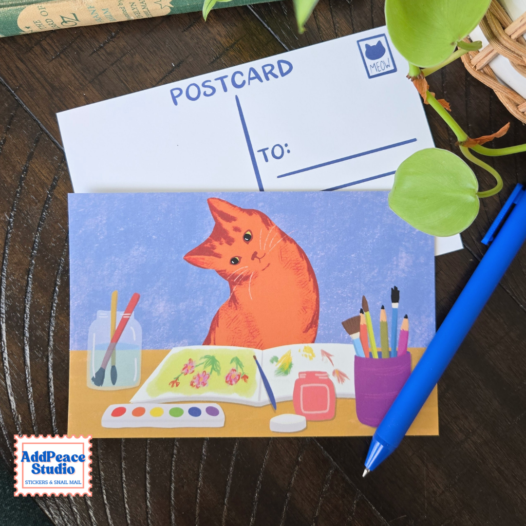 Cats & Crafts 12 Postcard Pack - Artist Made Cat Mini Prints for Postcrossing and Pen Pals