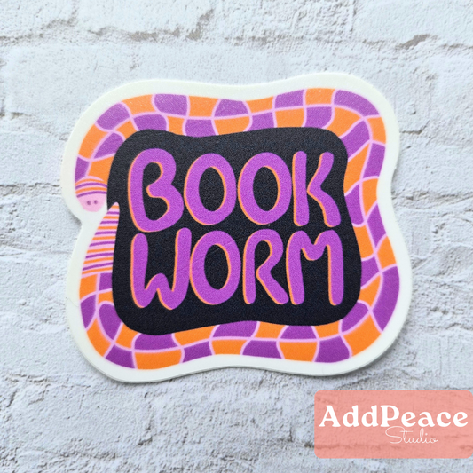 Illustrated geometric worm wrapped around the words Book Worm, 2.5 matte vinyl sticker