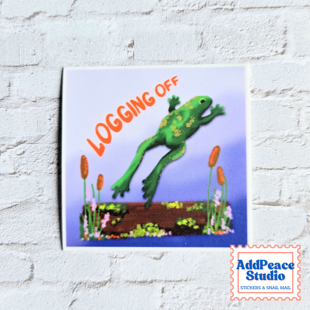 Logging Off Illustrated Frog Vinyl Sticker