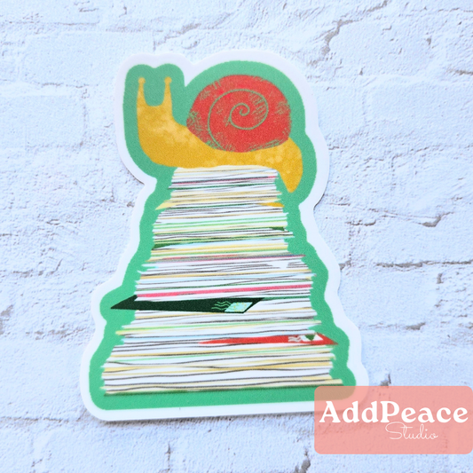 Snail Mail Sticker | Snail Sitting on Stack of Letters Vinyl