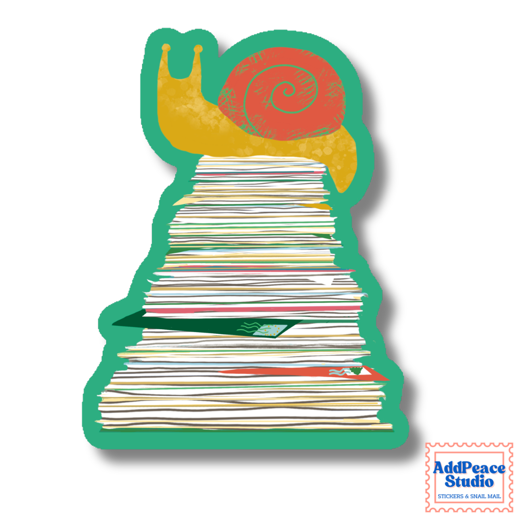 A die-cut sticker featuring a stylized snail with a yellow body and red shell sitting on a stack of mail, shown on a white background with a drop shadow. An 'AddPeace Studio' brand watermark is visible in the bottom right corner.