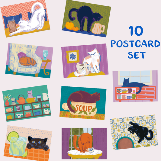 A set of 10 illustrated postcards featuring cats in cozy home scenes, arranged on a pale pink background with blue text reading '10 POSTCARD SET'. The postcards show colorful drawings of black and white cats, soup cups, shelves, and patterned interiors.