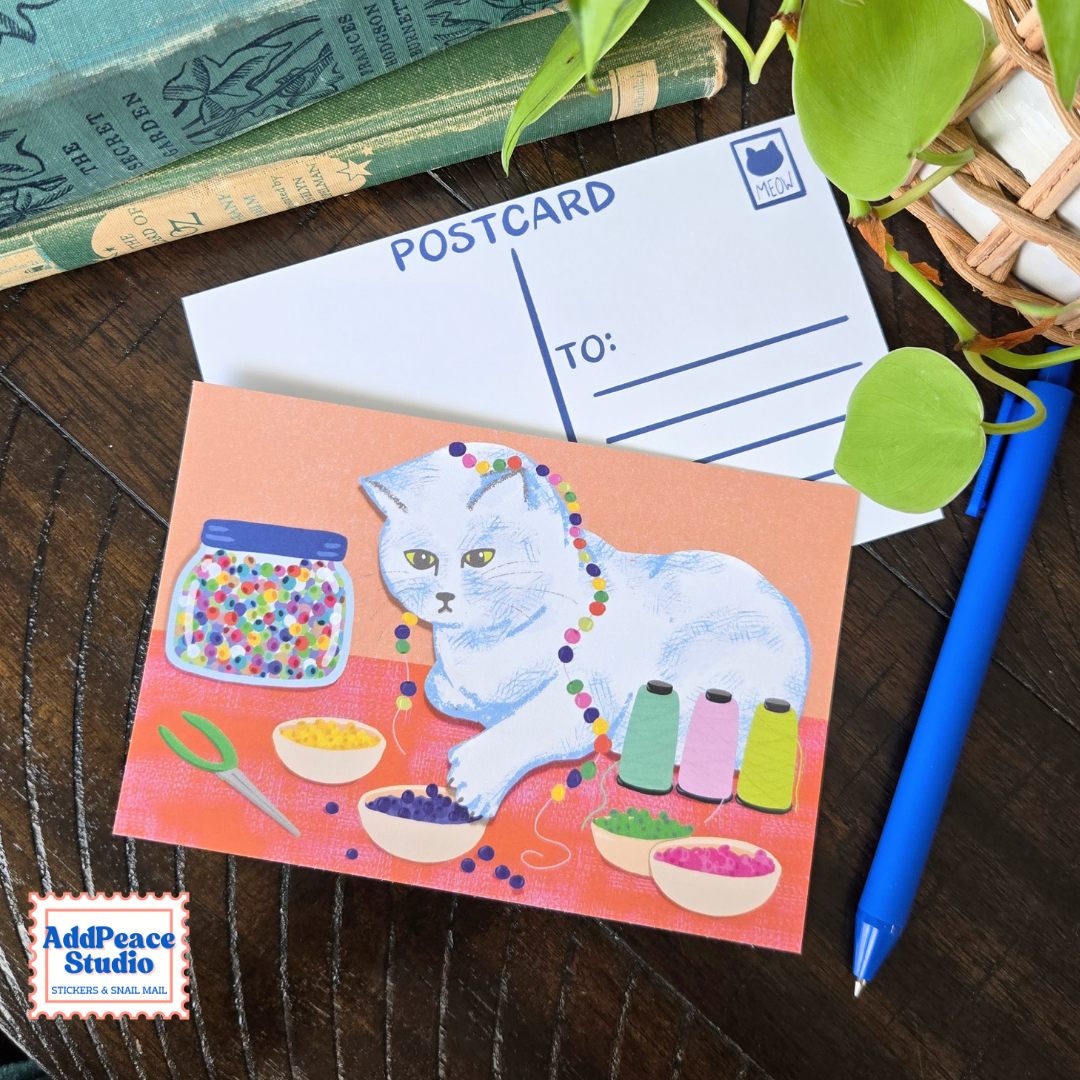 Cats & Crafts 12 Postcard Pack - Artist Made Cat Mini Prints for Postcrossing and Pen Pals