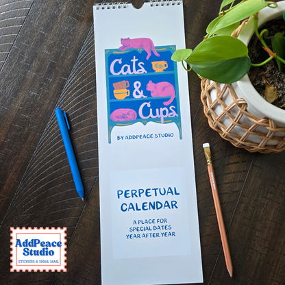 Cats & Cups Perpetual Calendar, Birthday Tracker, Celebrations Organizer