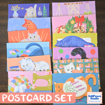 Cats & Crafts 12 Postcard Pack - Artist Made Cat Mini Prints for Postcrossing and Pen Pals