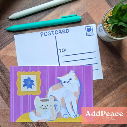 Cozy Cats Postcard Pack - Artist Made Cats & Cups Art Mini Prints