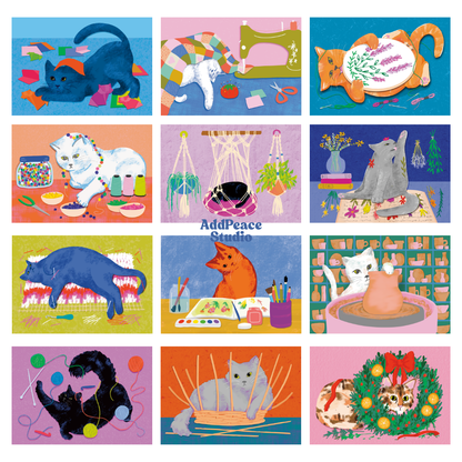 Cats & Crafts 12 Postcard Pack - Artist Made Cat Mini Prints for Postcrossing and Pen Pals