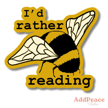 Sticker with a bee design and text 'I'd rather be reading' on a white background.
