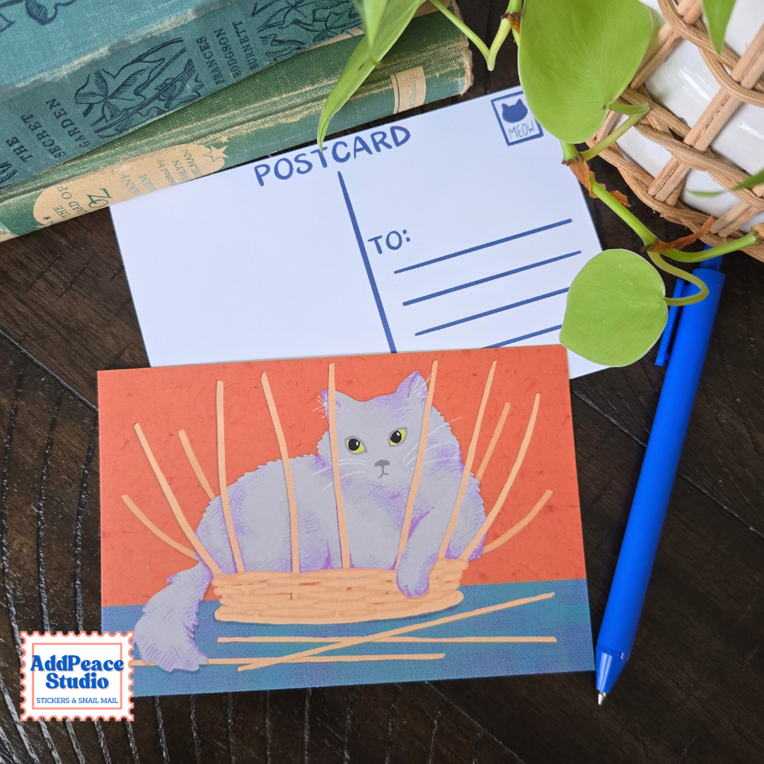 Cats & Crafts 12 Postcard Pack - Artist Made Cat Mini Prints for Postcrossing and Pen Pals