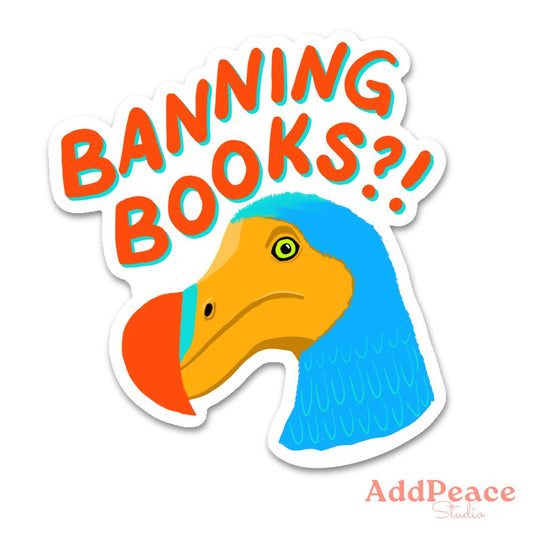 Cartoon dodo bird with text 'Banning Books?' and 'AddPeace Studio' logo on a white background