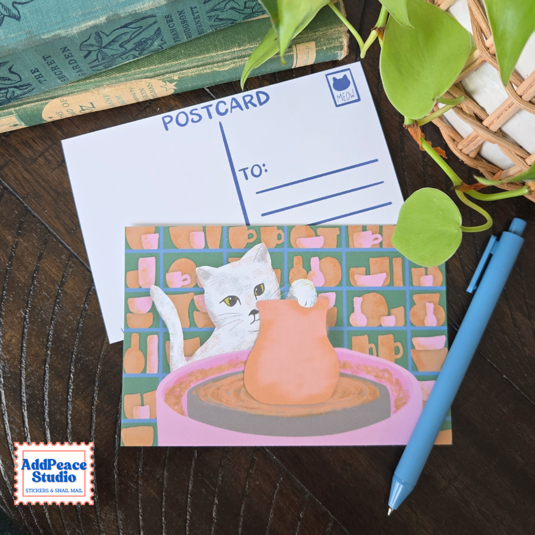 Cats & Crafts 12 Postcard Pack - Artist Made Cat Mini Prints for Postcrossing and Pen Pals