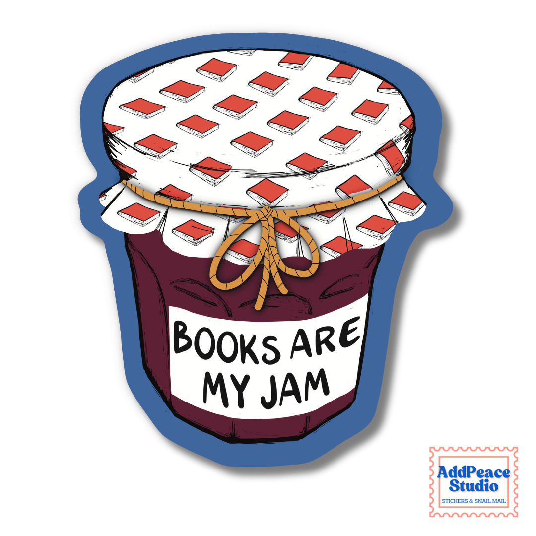 A die-cut sticker featuring an illustrated jar of jam with the text 'BOOKS ARE MY JAM' on a white background. The sticker has a blue border, a white lid patterned with red books, tan rope, and a dark red jam-filled jar.