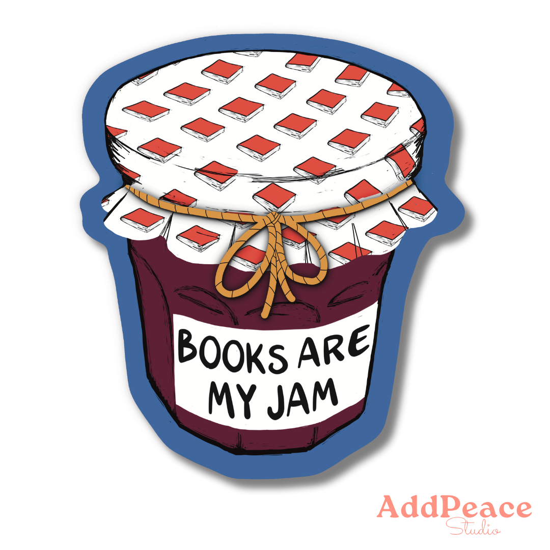 Sticker design of a jam jar with a checkered lid and 'Books Are My Jam' text, branded AddPeace Studio.