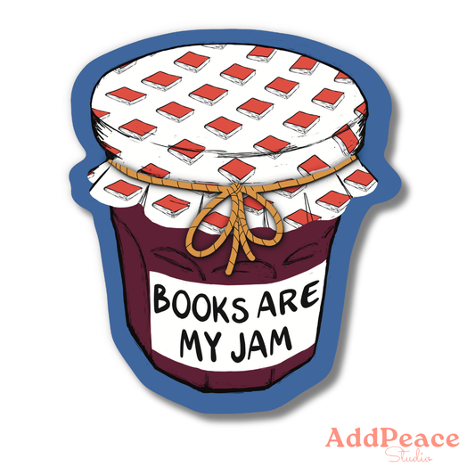 Sticker design of a jam jar with a checkered lid and 'Books Are My Jam' text, branded AddPeace Studio.