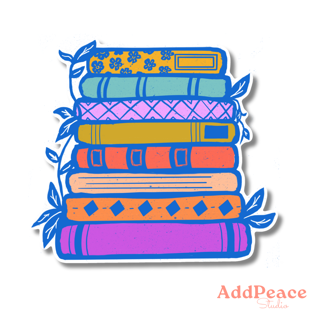 Colorful illustrated stack of books with vines growing around them vinyl sticker