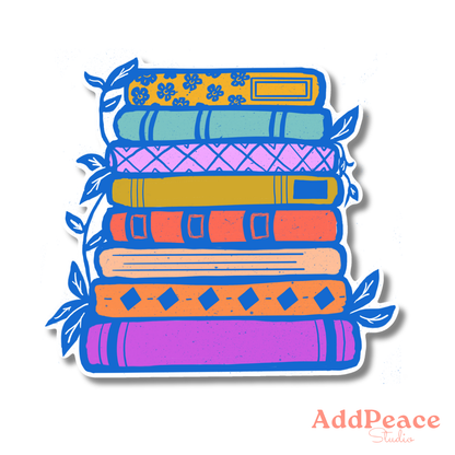 Colorful illustrated stack of books with vines growing around them vinyl sticker