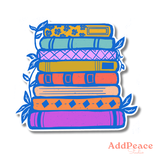 Colorful illustrated stack of books with vines growing around them vinyl sticker