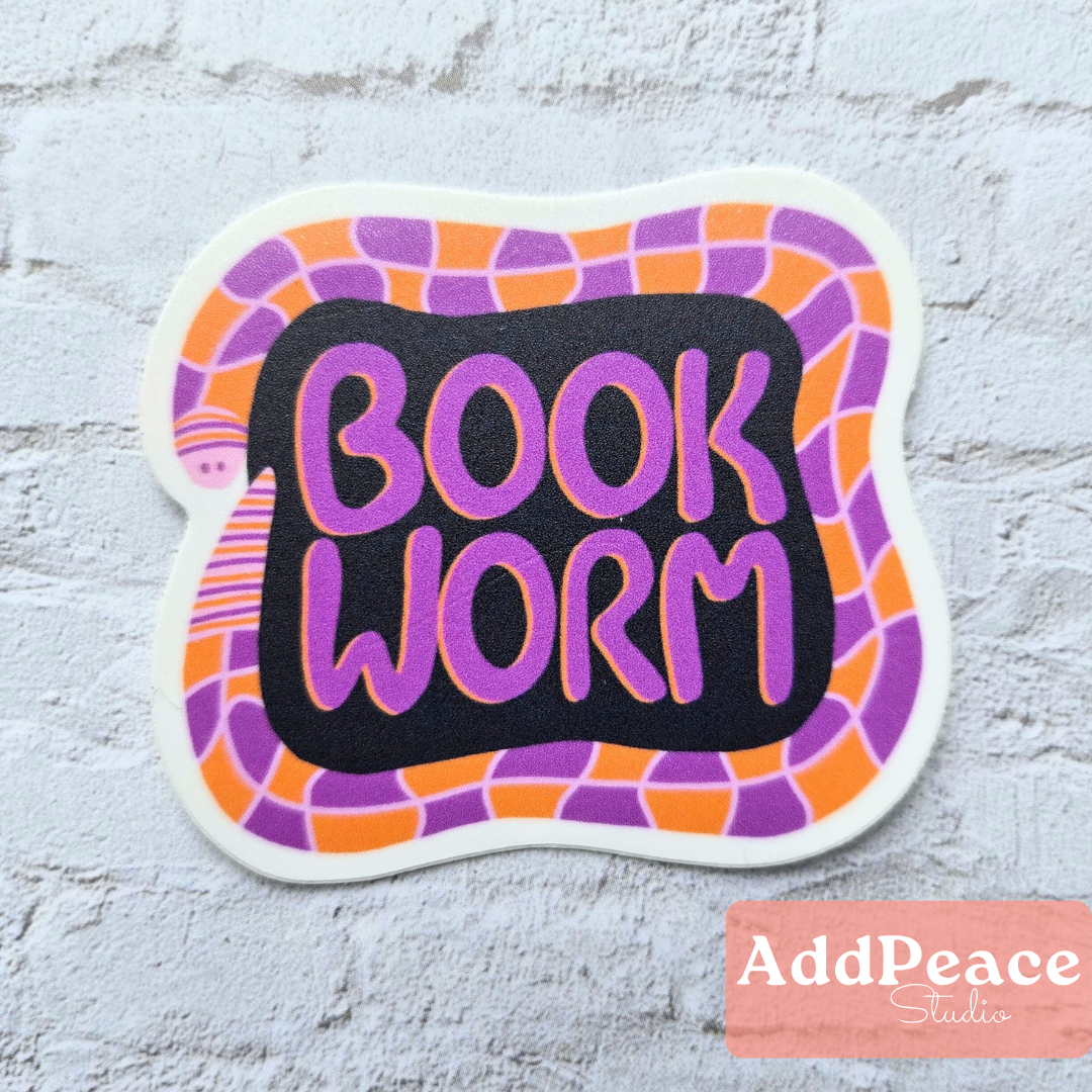 Illustrated geometric worm wrapped around the words Book Worm, 2.5 matte vinyl sticker