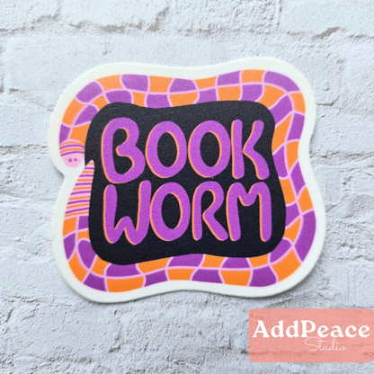 Illustrated geometric worm wrapped around the words Book Worm, 2.5 matte vinyl sticker