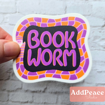 Illustrated worm wrapped around the words Book Worm, 2.5 inch vinyl sticker