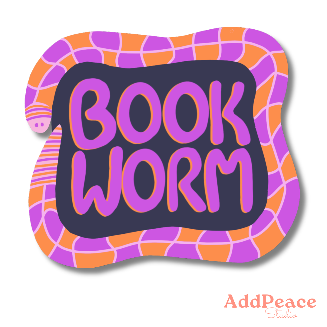 Illustrated colorful worm wrapped around the words Book Worm, 2.5 inch vinyl sticker