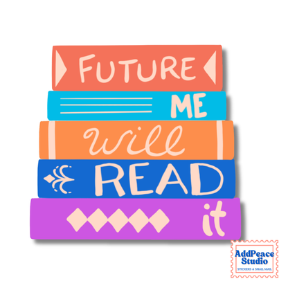 A stack of five colorful books with the words 'FUTURE ME', 'will READ', 'it', and diamond symbols printed on them, shown on a white background with a small AddPeace Studio logo in the bottom right corner.