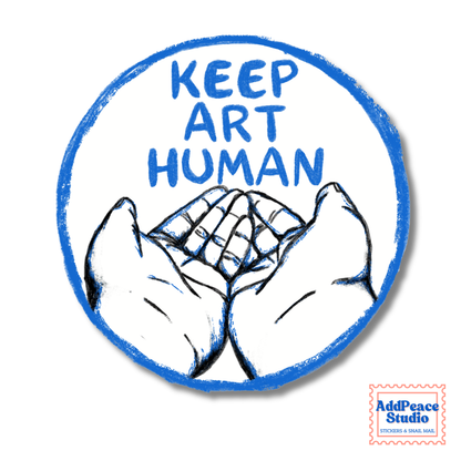 A circular sticker featuring the words 'KEEP ART HUMAN' in blue lettering above a black-and-white sketch of two hands. The sticker has a blue hand-drawn circle border and is shown on a white background with a small AddPeace Studio logo in the bottom right corner.