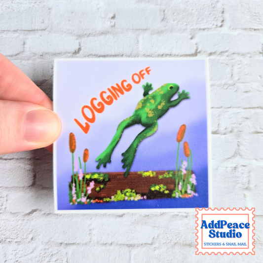 Logging Off Illustrated Frog Vinyl Sticker