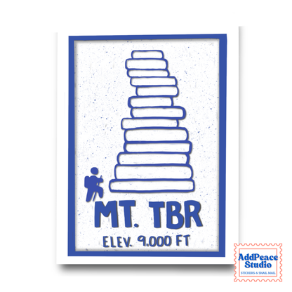 A square sticker featuring a blue hand-drawn illustration of a book stack labeled 'MT. TBR' and 'ELEV. 9000 FT