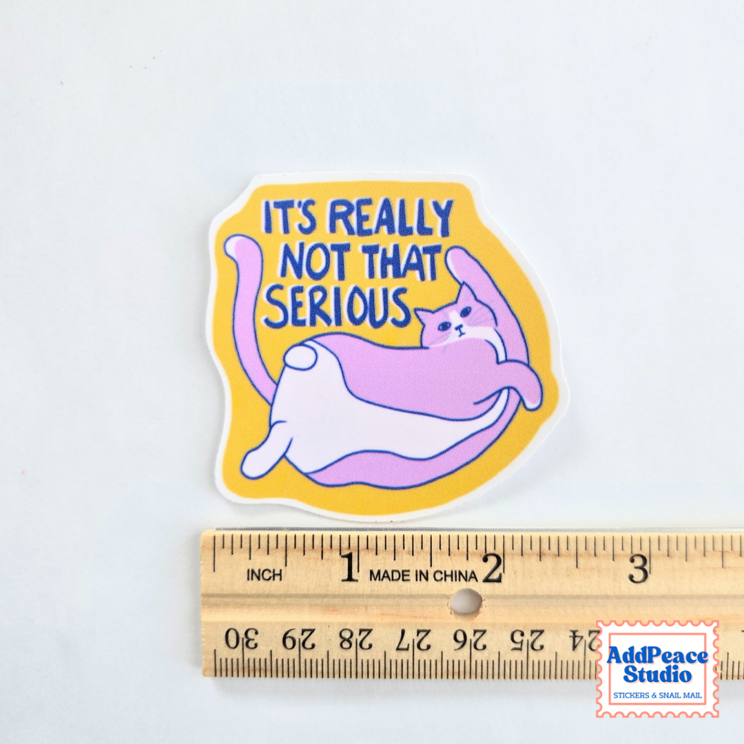 A die-cut sticker featuring a cartoon cat lying on its back with the text 'IT'S REALLY NOT THAT SERIOUS' in blue letters on a yellow background. The sticker is shown above a wooden ruler for scale on a plain white background.