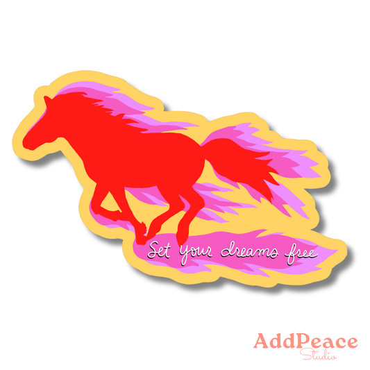 Year of the fire horse sticker with 'Set your dreams free' text on a white background