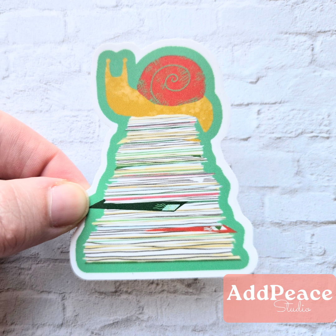 Snail Mail Sticker | Snail Sitting on Stack of Letters Vinyl