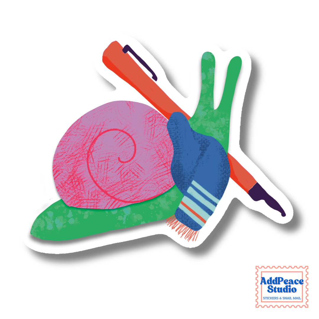 A die-cut sticker featuring a stylized snail with a pink shell and green body, holding a red fountain pen, shown on a white background with a small AddPeace Studio logo in the bottom right corner.
