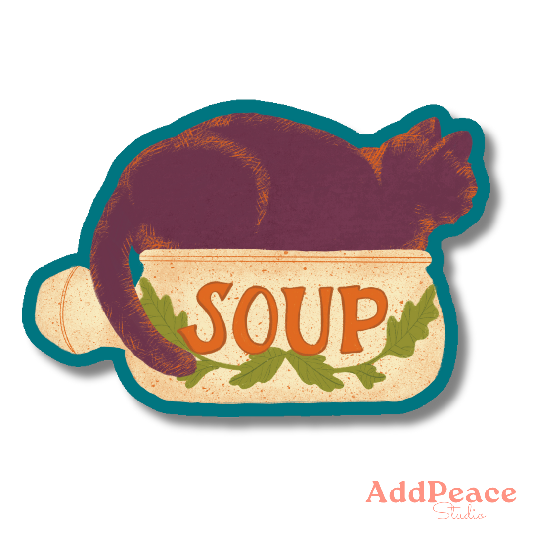 Sticker of a bowl labeled 'SOUP' with a cat on top, featuring the brand 'AddPeace Studio'.