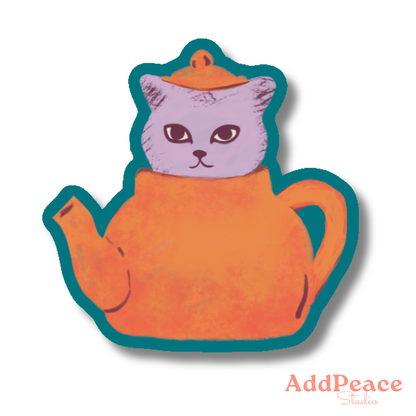 Cat-shaped teapot with a purple cat face on a white background, featuring the brand 'AddPeace Studio'.