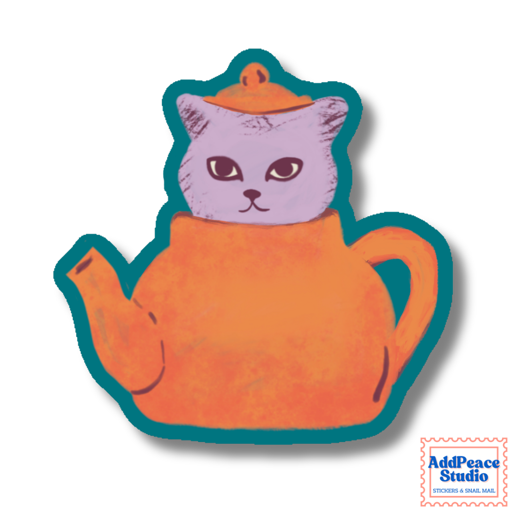 A die-cut sticker featuring a whimsical illustration of a light purple cat peeking out from inside an orange teapot, with a dark teal outline. The sticker is shown on a white background with a drop shadow, and an 'AddPeace Studio' brand watermark is in the bottom right corner.