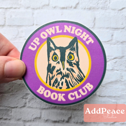 Up Owl Night Book Club owl vinyl sticker, waterproof 2.5 inch book lover design