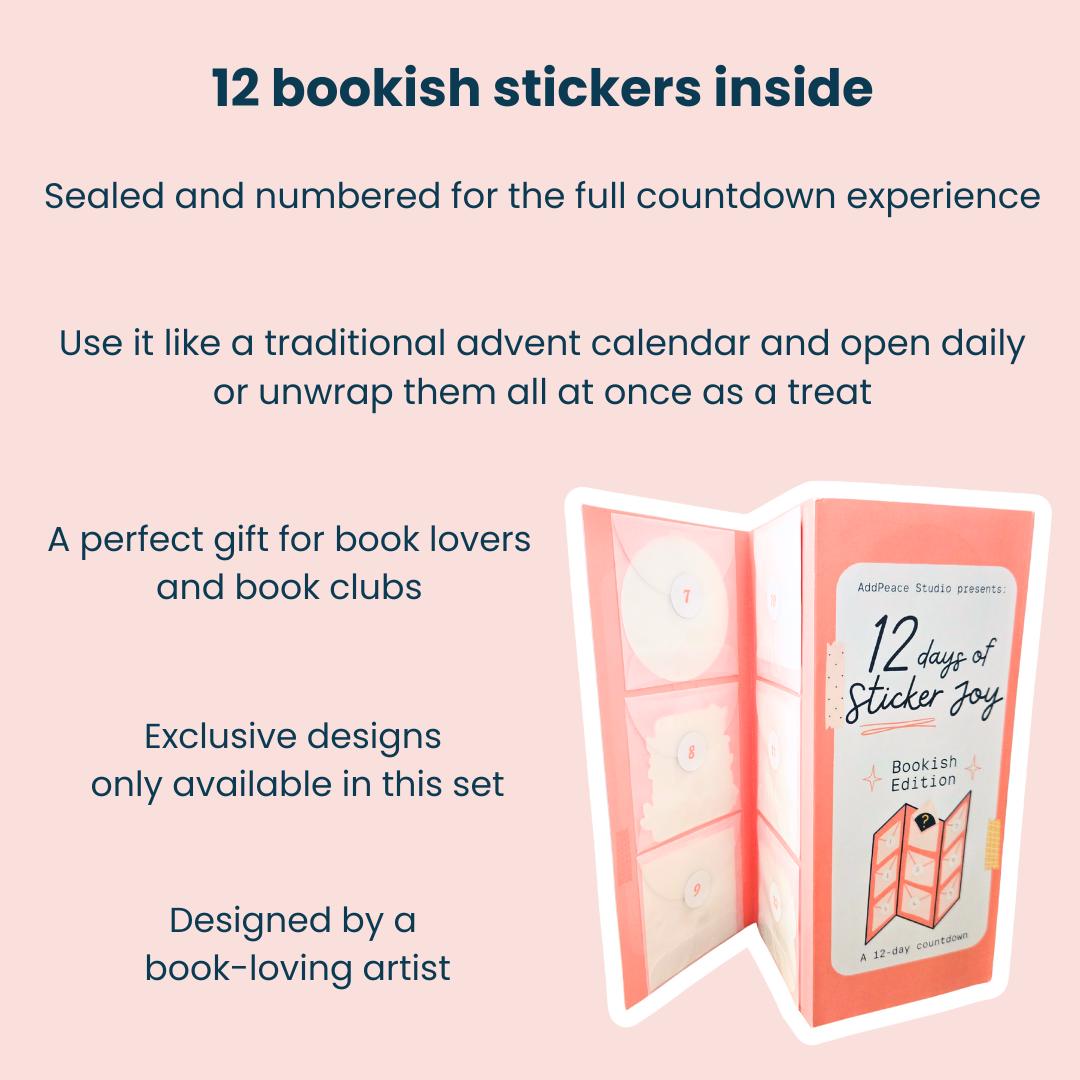 12 bookish stickers set with packaging on a pink background