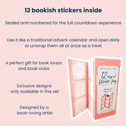 12 bookish stickers set with packaging on a pink background