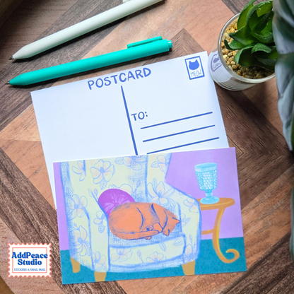 A postcard set from AddPeace Studio featuring a white postcard with blue printed lines and a colorful illustrated front card showing a sleeping orange cat in a floral chair. The cards are styled on a wooden desk with a green plant, a teal pen, and a white pen.