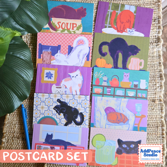 Cozy Cats Postcard Pack - Artist Made Cats & Cups Art Mini Prints