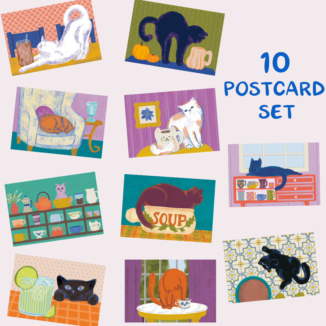 A set of 10 illustrated postcards featuring cats in cozy home scenes, arranged on a pale pink background with blue text reading '10 POSTCARD SET'. The postcards show colorful drawings of black and white cats, soup cups, shelves, and patterned interiors.