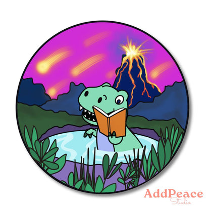 Illustration of a dinosaur reading a book with a volcano and purple sky in the background, featuring the 'AddPeace Studio' logo.