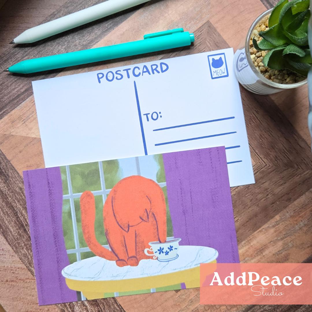 Cozy Cats Postcard Pack - Artist Made Cats & Cups Art Mini Prints