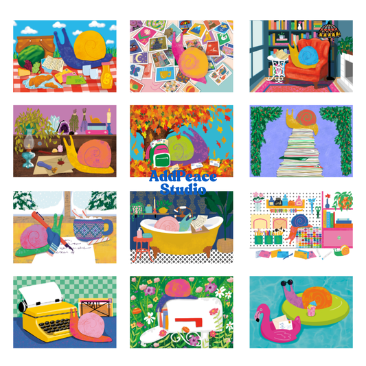 A 3x4 grid of colorful illustrated scenes featuring a snail in various everyday activities, with a central watermark reading 'Adureace Studio'. The illustrations include picnic, collage, bookshelf, desk, autumn leaves, stack of books, writing, bath, reading, typewriter, flowers, and pool float scenes.