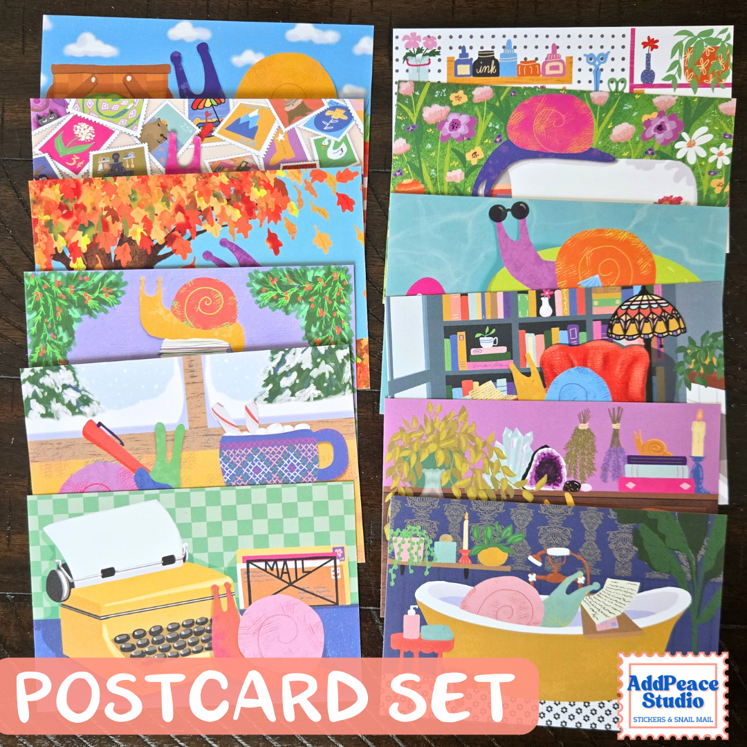 A postcard set featuring multiple colorful illustrated snail postcards with whimsical scenes, displayed on a dark wood background with a pink 'POSTCARD SET' banner and an AddPeace Studio logo.